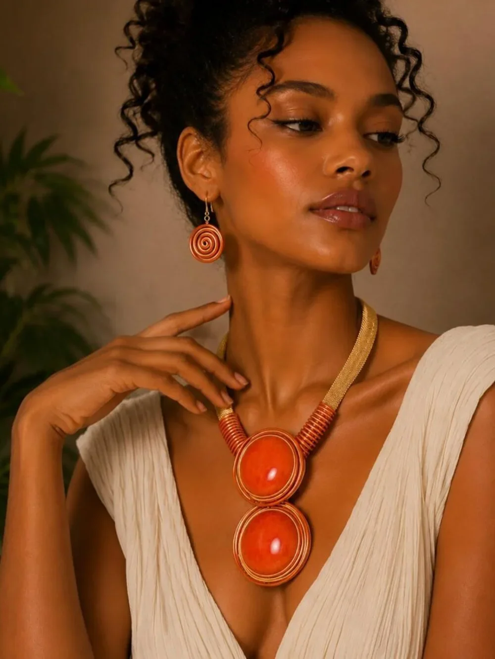 Chunky Gold Mesh Bib Necklace Set with Round Pendant & Spiral Earrings - African